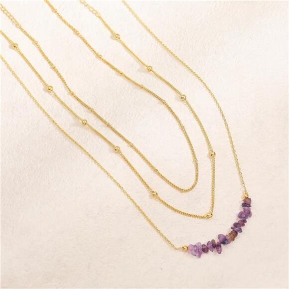 ๐ Layered Stone Necklace | 14K Gold Plated Multi-Chain Pendant - Picture 3 of 6